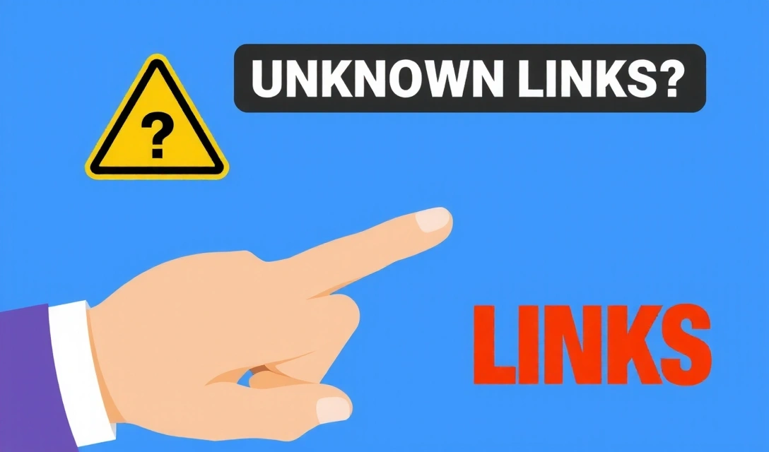 Ilustracja dłoni wskazującej na link, z symbolem ostrzeżenia i znakiem zapytania.